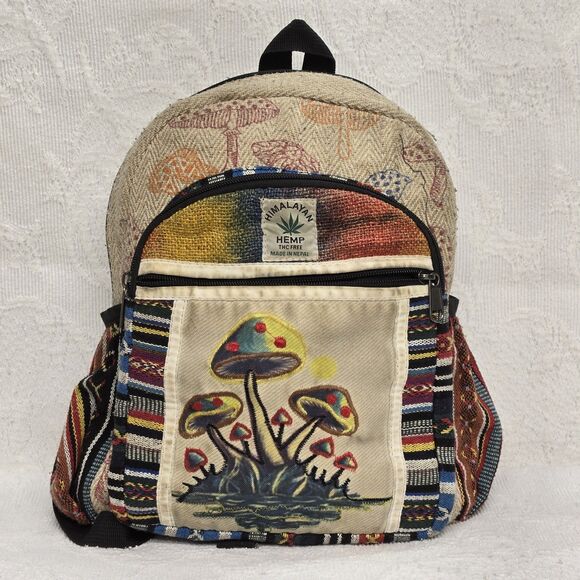 Himalayan Hemp Rainbow Mushroom Mini Backpack Canvas Embroidered Psychedelic - Picture 2 of 12